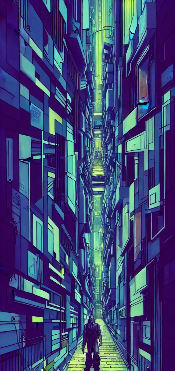 Image similar to post - minimalism, cyberpunk, abstract, slight cubism influence, bladerunner alley, iridescent, comic