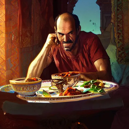 Prompt: trevor philips eating moroccan tagine, highly detailed, digital painting, artstation, concept art, smooth, sharp focus, illustration, art by artgerm and greg rutkowski and alphonse mucha