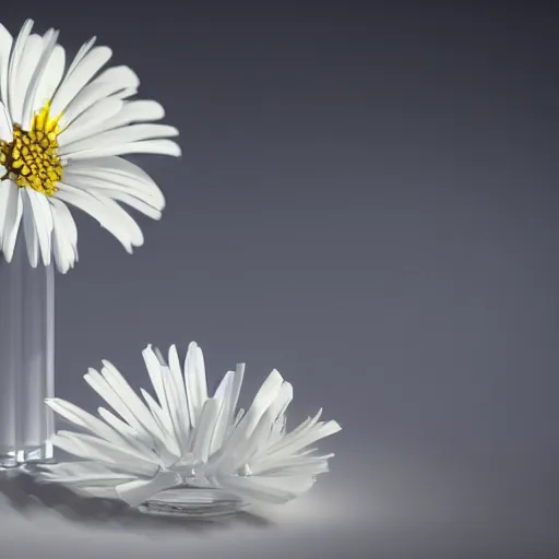 Image similar to perfume bottle buried white daisies on a zen clean modern minimalist beach with an ocean view, frozen and covered in ice, by peter tarka in an ivory room well contoured smooth fair walls, zaha hadid octane highly render, 4 k, ultra hd,