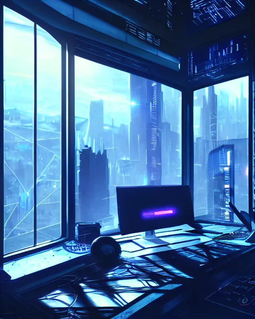 Image similar to cyberpunk scifi scene of a futuristic computer interface, artstation, matt painting, a window view, a tall floor plant, very detailed, maximalism, ambient occlusion, volumetric light, atmospheric haze, unreal engine, hyper realism, realistic shading, cinematic composition, realistic render, octane render, detailed textures, photorealistic, wide shot