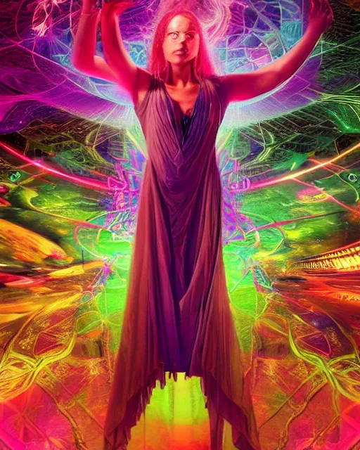 Image similar to a powerful energy psychedelic matrix priestess, by alexander fedosav, hyper detailed digital matte painting, concept art, hyperrealism, 1 6 k resolution, cinema 4 d, 8 k resolution, trending on artstation, behance hd, a masterpiece, by stephan martiniere, particles, cel - shaded, power bright neon energy, by david a. hardy,