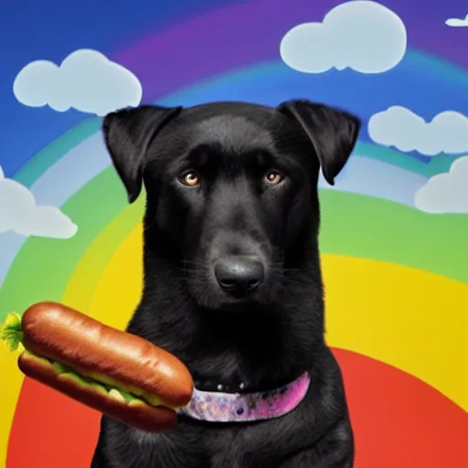 Image similar to adorable black lab chasing a hotdog across a rainbow, very detailed, 4 k, by disney