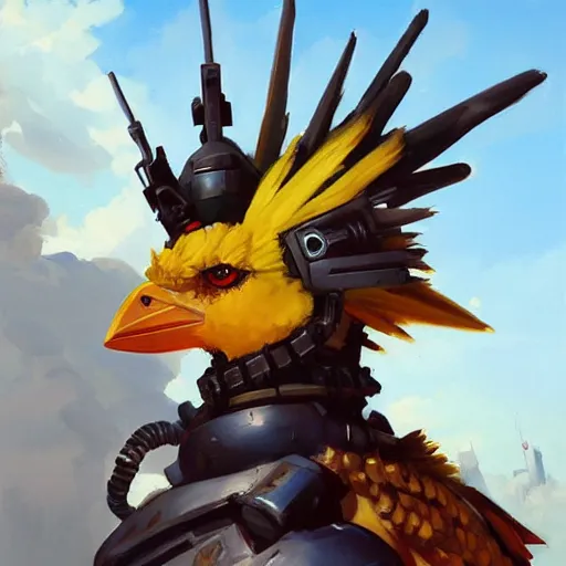 Image similar to greg manchess portrait painting of fully armored chocobo as overwatch character, out of control, medium shot, asymmetrical, profile picture, organic painting, sunny day, matte painting, bold shapes, hard edges, street art, trending on artstation, by huang guangjian and gil elvgren and sachin teng