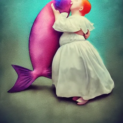 Prompt: the same style. the most beautiful little fat sweet girl is kissing a huge colorful cute fish. modern etching. colored print. hype realistic scene. old photography style. studio lighting. window. 3 d, octane render, deep focus, fashion style, white scene. very funny and sweet art. unreal engine. watercolor