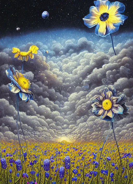 Image similar to detailed, intricate blue black and purple papaverum flower on the field, nebula, galaxy in the sky, winning award masterpiece, fantastically beautiful, illustration, aestheticly inspired, jacek yerka, upscale with anguissola sofonisba work, artstation, 8 k