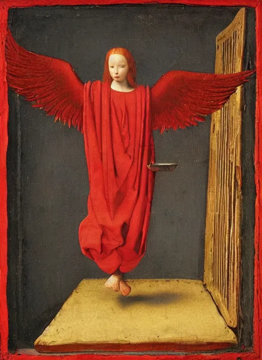 Image similar to Flying Fallen Angel with wings dressed in red, Medieval painting by Jan van Eyck, Johannes Vermeer, Florence