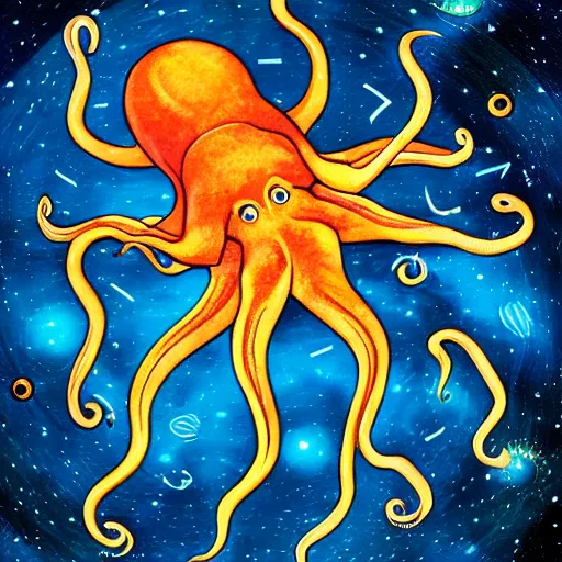 Prompt: space octopus planets stars tentacles eyes light forward facing arms