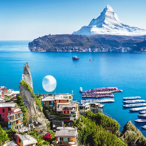 Image similar to matterhorn in the seaside with cinque terre cities on a cliff, drone picture, very realistic