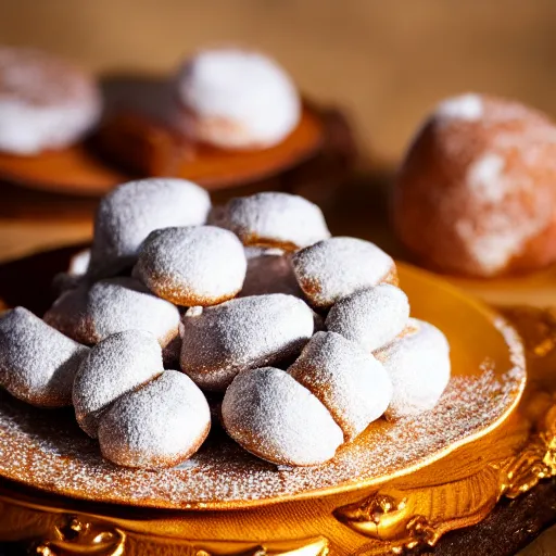 Prompt: powdered donuts stuffed with sliced pickles on an ornate table, high resolution photograph, romantic lighting