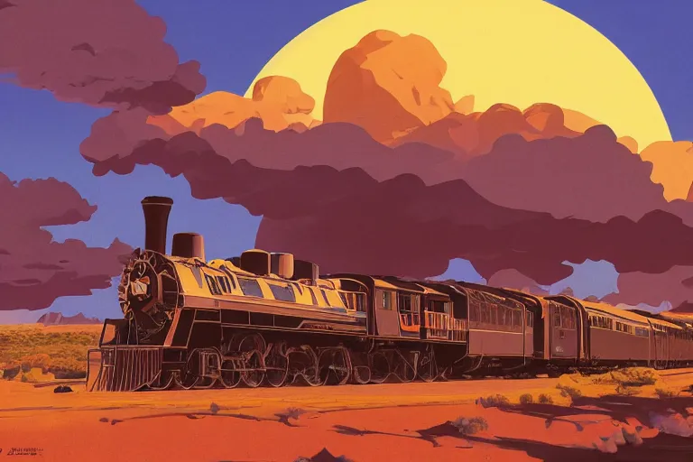 Image similar to idyllic old western train station illustration by syd mead, artstation, 4 k, graphic novel, concept art, matte painting, steam engine spewing billowy clouds of steam, beautiful mountain desert sunset background, golden hour