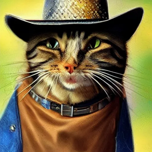 Image similar to a crying cat wearing a cowboy hat