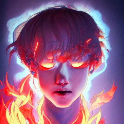 Prompt: prompt : flames portrait soft light painted by james jean and katsuhiro otomo and erik jones, inspired by evangeleon anime, smooth face feature, intricate oil painting, high detail illustration, sharp high detail, manga and anime 1 9 9 9