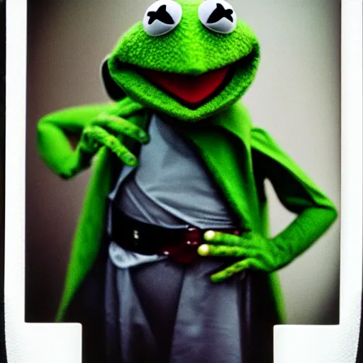 Prompt: Kermit the frog dressed as a Jedi, with green lightsaber, polaroid photo, instax, white frame, by Warhol,