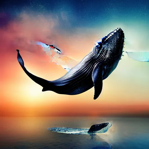 Prompt: photomanipulation of a whale that has tiny fairy wings, the wings are inspired by tooth fairy's wings, fully detailed, 4 k, real footage