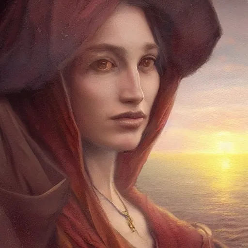 Prompt: renaissance italian fortune teller, armitage, closeup portrait, sunset, gorgeous view, depth, painted by seb mckinnon, high detail, digital art, painted by greg rutkowski, trending on artstation