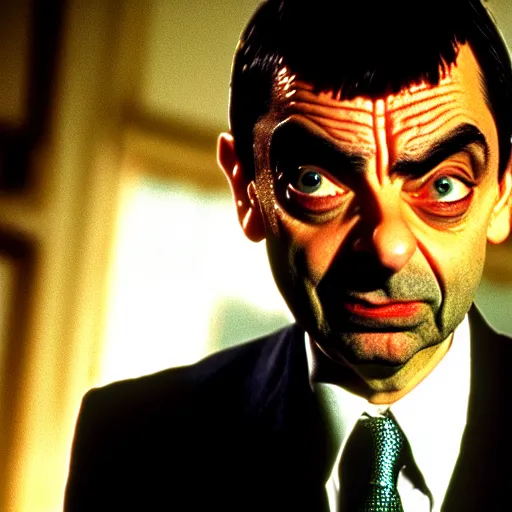 Prompt: mr. bean as scarface. movie still. cinematic lighting.