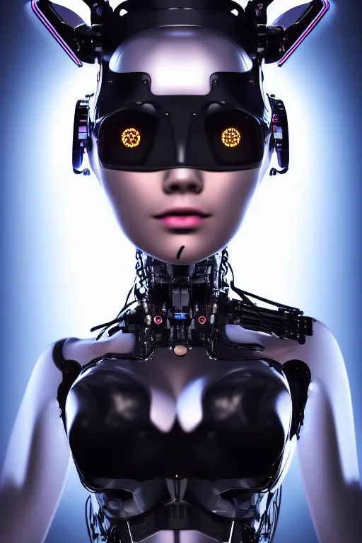 Image similar to cybernetic ultra high tech female robot with cat ears, neo - rococo, sci - fi, cyberpunk, high tech, futurism, exoskeleton, symmetry, cinematic, elegant, luxury, perfect light, perfect composition, dlsr photography, sharp focus, 8 k, ultra hd, sense of awe, highly detailed, realistic, intricate, science journal cover