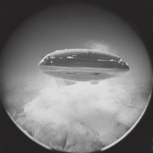 Prompt: lovecraftian alien ship seen from perspective of airplane window, real Polaroid photograph