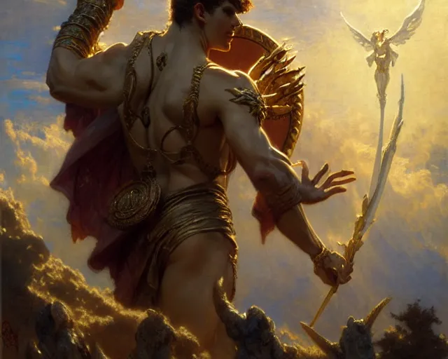 Image similar to attractive pagan male deity, summoning handsome lucifer morning star. highly detailed painting by gaston bussiere, craig mullins, j. c. leyendecker 8 k