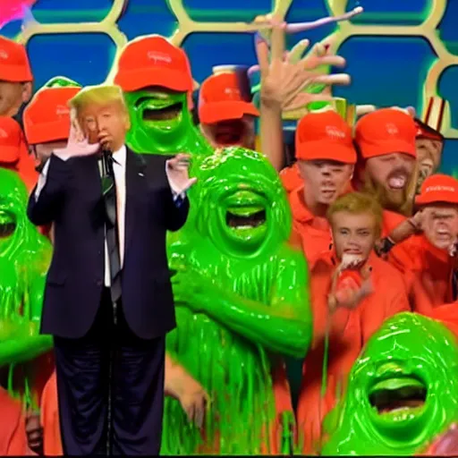 Prompt: donald trump making a speech while being slimed on nickelodeon kids choice awards, green slime, photography, cinematic shot,