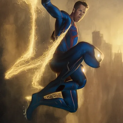 Image similar to ryan reynolds as a black and blue suit spider - man, cinematic, volumetric lighting, f 8 aperture, cinematic eastman 5 3 8 4 film, photorealistic by greg rutkowski, by stanley artgerm, by alphonse mucha