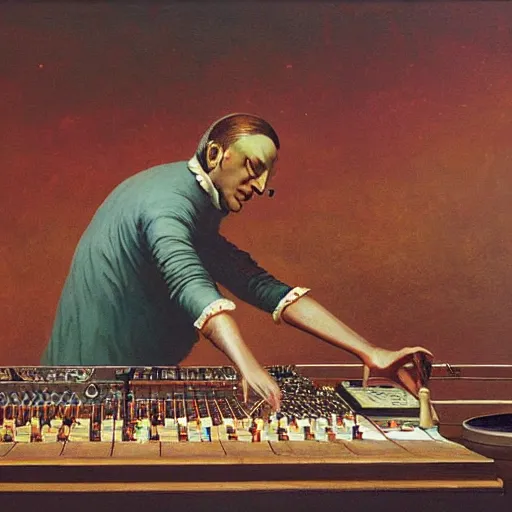 Prompt: Painting of Mozart mixing at the turntables in a style of Beksinski