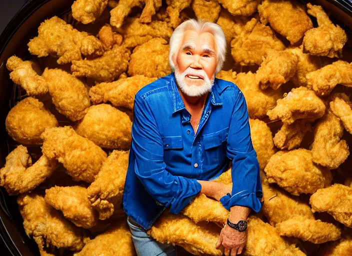 Image similar to photo still of kenny rogers in a ball pit of fried chicken!!!!!!!! at age 4 6 years old 4 6 years of age!!!!!!!! hiding from parents, 8 k, 8 5 mm f 1. 8, studio lighting, rim light, right side key light