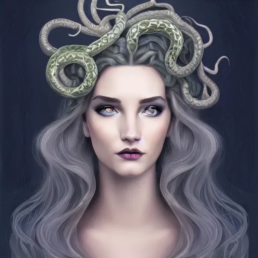 Image similar to character concept portrait of a beautiful woman with pale full face, medusa, snakes for hair, blue / grey eyes, intricate, elegant, digital painting, art nouveau, smooth, focus, rim light