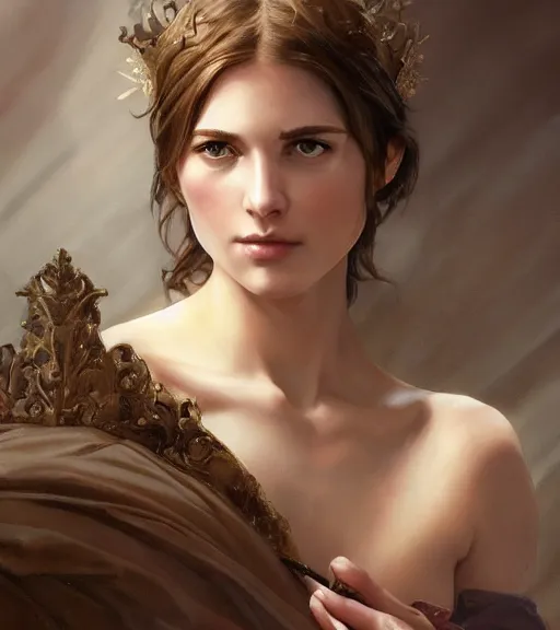 Prompt: portrait of a young woman, regal, soft features, muscular, half body, cloth, hazel eyes, short brown hair, thick eyebrows, back light, d & d, fantasy, intricate, highly detailed, digital painting, artstation, concept art, smooth, sharp focus, illustration, art by artgerm and greg rutkowski and alphonse mucha