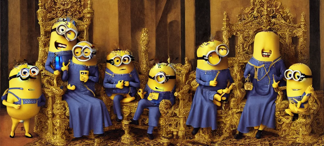 Prompt: Minions on a throne in the style of Jan van Eyck