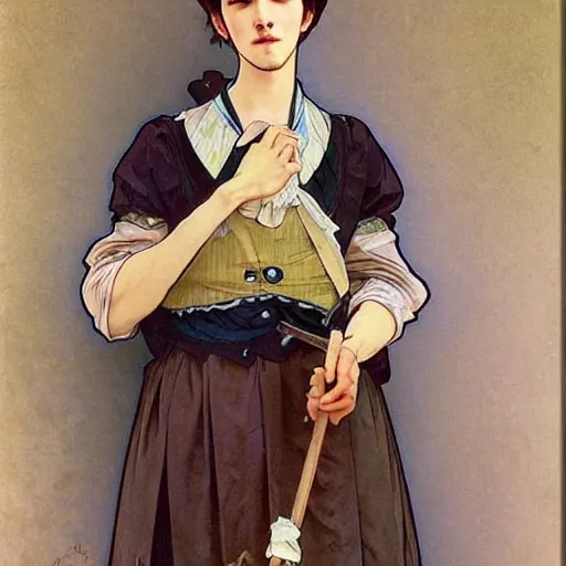 Prompt: full body painting of grumpy handsome thin beautiful young man in his 2 0 s named min - jun in a modest french female maid outfit, modern clothing, elegant, clear, painting, stylized, sharp facial features, pouty, highly detailed, art, art by alphonse mucha