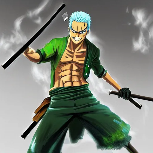 Image similar to zoro from one piece, mop - in - mouth, mop - in - hands, beautiful, masterpiece, digital art, detailed, trending on artstation