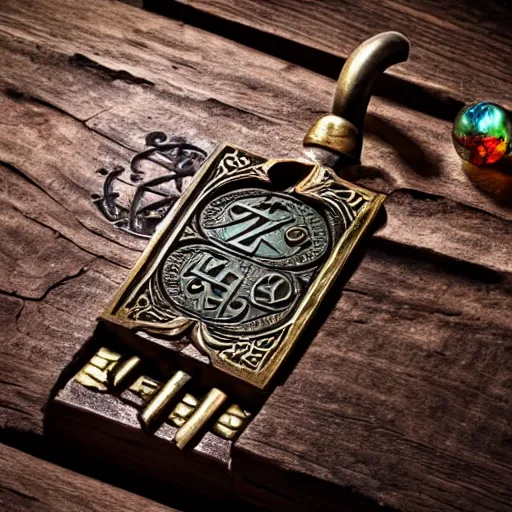 Prompt: a large ornate key with gems and engraved runes, on a rough wooden dungeon table, torchlit, d & d, photo