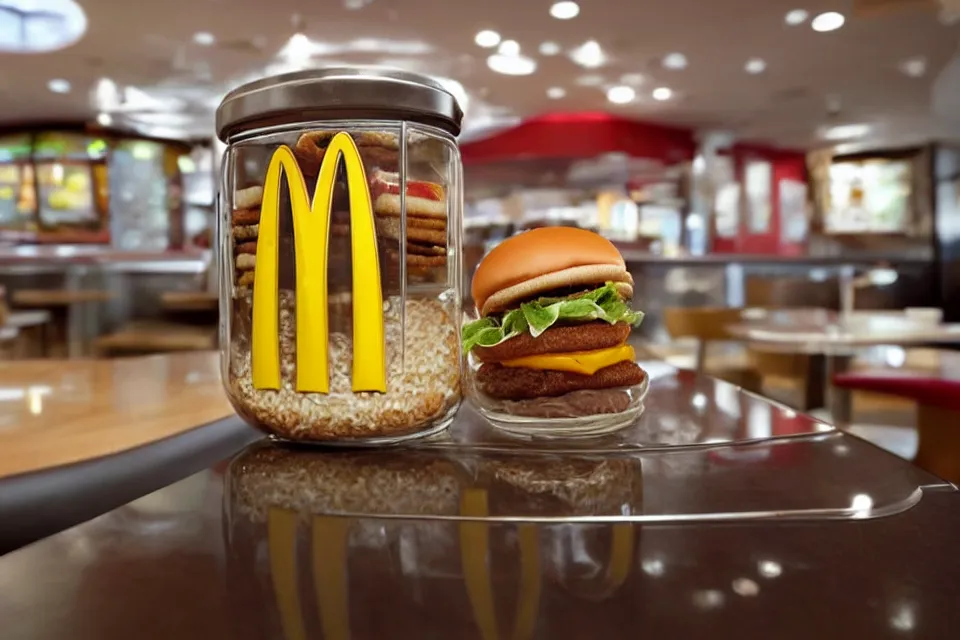 Prompt: a tiny mcdonald ’ s restaurant interior inside of a large glass jar with a lid, the jar is sitting on a table inside of a mcdonald ’ s