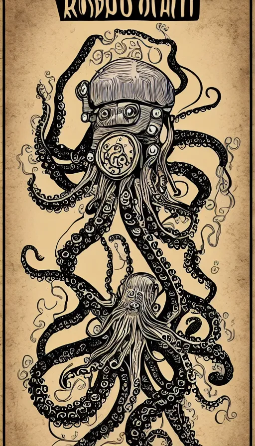 Image similar to robot with octopus tentacles, hand drawn illustration, antique style poster, highly detailed vector art