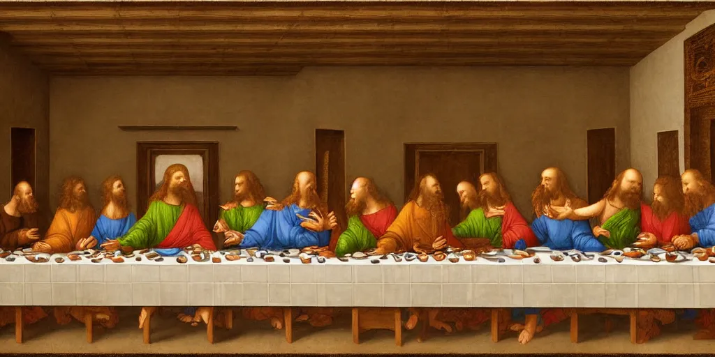 Image similar to the last supper of robots as apostles in leonardo da vinchi style. digital art, artstation, concept art, smooth, sharp focus, illustration, art by leonardo da vinci