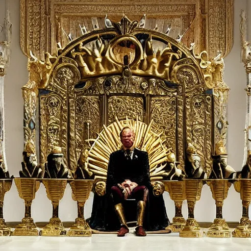 Prompt: the reaping king, an immortal posthuman dressed in brass finery, sitting on his hepatizon throne with black brass automatons at his side as guards, regal, painted