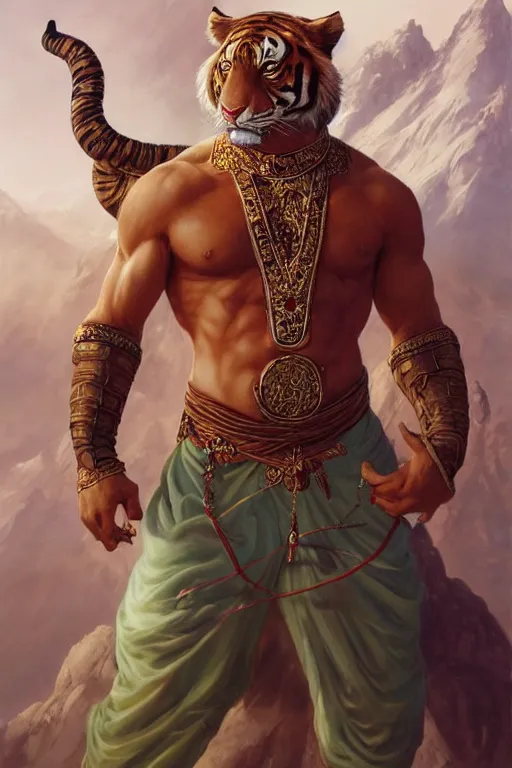 Prompt: full figure, beautiful fantasy character portrait, male martial artist, fit anthropomorphic tiger, dressed in fluent oriental pants, jeweled, mountain background, hyper realistic, highly detailed by peter mohrbacher, wayne barlowe, boris vallejo, paolo eleuteri serpieri