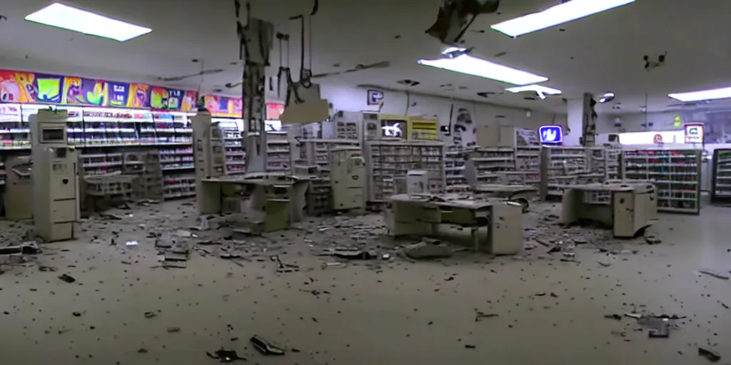 Image similar to abandoned human android factory in a convenience store, damaged camcorder video