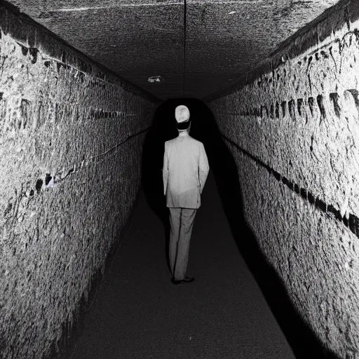 Image similar to a tall man shadow waiting at the end of a tunnel at night, found footage, 8 mm