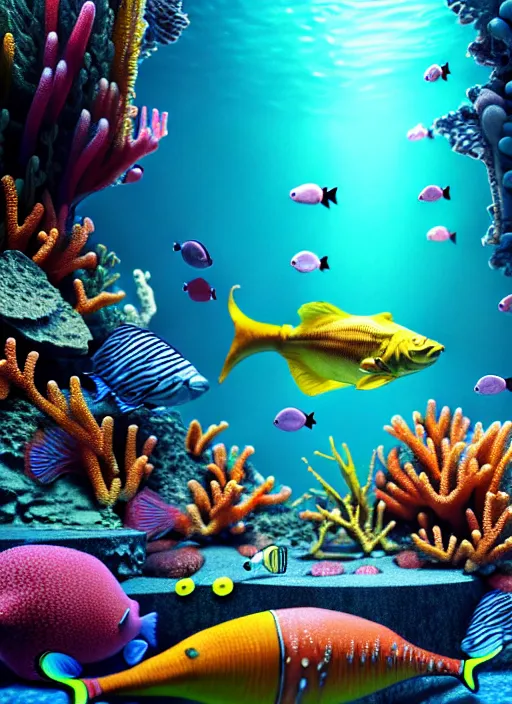 Prompt: hyperrealism, detailed textures, photorealistic 3 d render, an underwater scene with brightly coloured fish & coral, ultra realistic, ultra high pixel detail, cinematic, intricate, cinematic light, octane render, concept art, illustration, art station, unreal engine 8 k