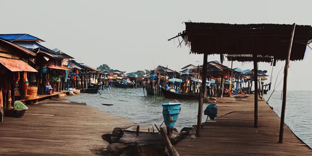 Prompt: shops at pulau indah fishing village, near a jetty, early morning, detailed matte painting, low angle view, telephoto lens, bokeh, hayao miyazaki, artstation