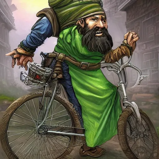 Image similar to a bearded and long haired bicycle food delivery worker with a green bag on his back in ireland, he has boots, hearthstone art style, epic fantasy style art by kim jung gi, fantasy epic digital art