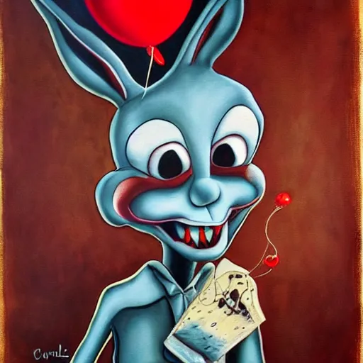 Image similar to grunge painting of bugs bunny with a wide smile and a red balloon by chris leib, loony toons style, pennywise style, corpse bride style, horror theme, detailed, elegant, intricate