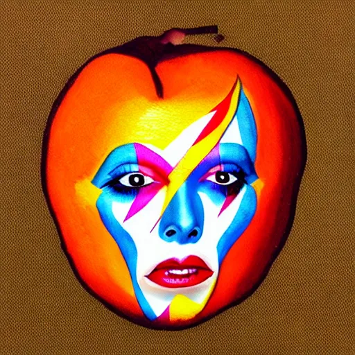 Image similar to a photo of an apricot that has been painted in the style of david bowie