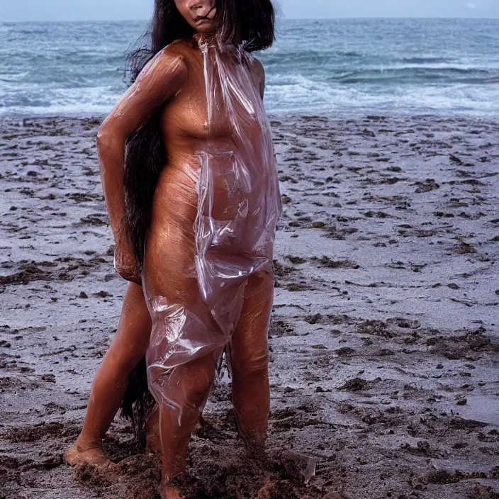 Prompt: closeup portrait of a woman wrapped in plastic, standing in punaluu black sand beach, color photograph, by vincent desiderio, canon eos c 3 0 0, ƒ 1. 8, 3 5 mm, 8 k, medium - format print