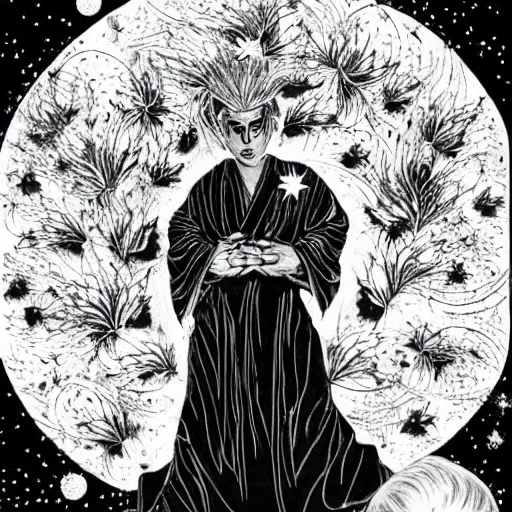 Prompt: black and white pen and ink!!!!!!! Young Guy Madison wearing cosmic space robes made of stars final form flowing royal!!! mage hair golden!!!! Vagabond!!!!!!!! floating magic swordsman!!!! glides through a beautiful!!!!!!! Camellia!!!! Tsubaki!!! death-flower!!!! battlefield behind!!!! dramatic esoteric!!!!!! Long hair flowing dancing illustrated in high detail!!!!!!!! by Moebius and Hiroya Oku!!!!!!!!! graphic novel published on 2049 award winning!!!! full body portrait!!!!! action exposition manga panel black and white Shonen Jump issue by David Lynch eraserhead and beautiful line art Hirohiko Araki!! Rossetti, Millais, Mucha, Kentaro Miura, Jojo's Bizzare Adventure!!