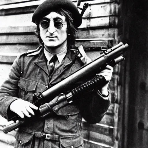 Image similar to old wartime photograph of john lennon holding a lewis gun, 1 9 1 7