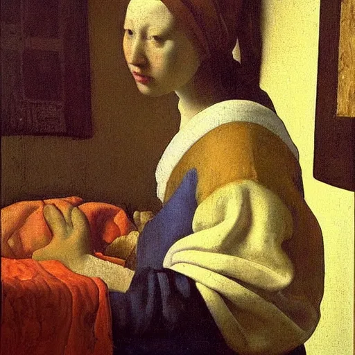 Prompt: a perfect painting, intricated detailed painting in the style of Johannes Vermeer, of a dream that I dreamt that we left all the pain and sorrows behind. We looked into our eyes as we placed our hands on each other’s chest, and all the love and happiness that had been dampened by our wounds emerged like a sprout. It felt like home. Our bodies were covered by soothing colors. Blue, violet, pink and white rays of light caressed our hearts, and suddenly, we were one. It was always meant to be that way, even though our heads tried to fool us in the past. We were one. ethereal lights, details, smooth, sharp focus, illustration, realistic, cinematic, artstation, award winning, rgb , unreal engine, octane render, cinematic light, macro, depth of field, blur, red light and clouds from the back, highly detailed epic cinematic concept art CG render made in Maya, Blender and Photoshop, octane render, excellent composition, dynamic dramatic cinematic lighting, aesthetic, very inspirational, arthouse.