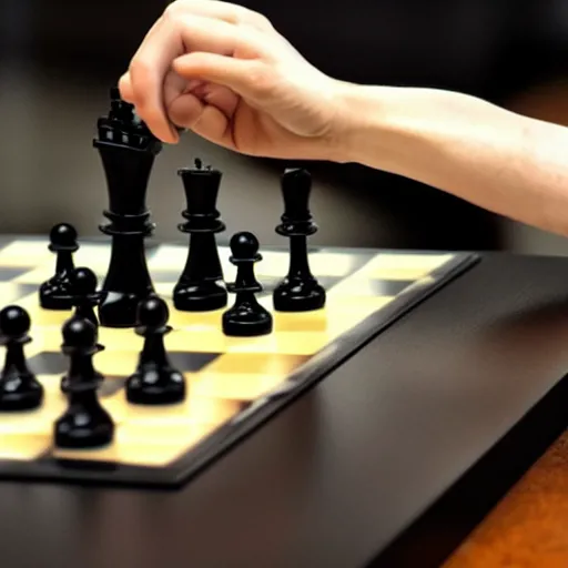 Prompt: a photo, an aggressive robot hand grabbing a human hand over a chess board
